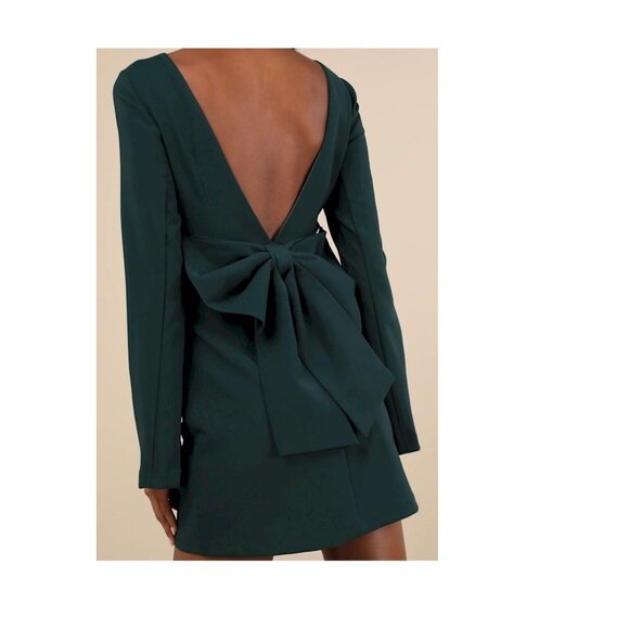 Lulus Elegant Cutie Emerald Big Bow Long Sleeve Backless Mini Dress Size XL NWOT - Picture 3 of 4